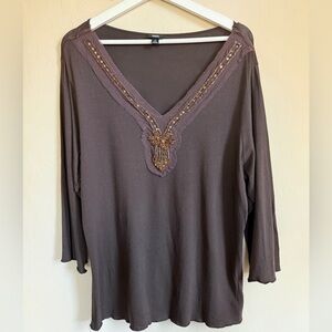Cotton Y2K beaded mesh neck Embellished V-Neck Brown Top Plus Size 1X